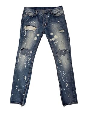 MNML Men's Distressed Skinny Blue Jeans with White Paint Detail